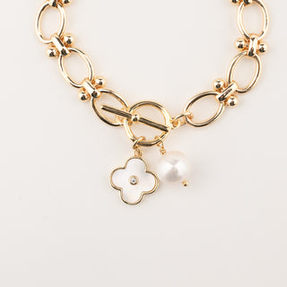 OVAL LINKED BRACELET WITH PEARL - GOLD
