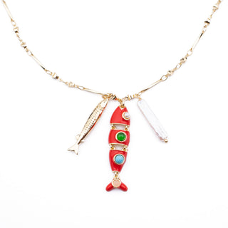 RED ENAMEL LONG FISH NECKLACE