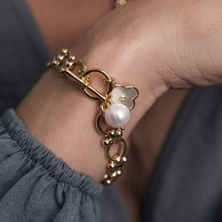 OVAL LINKED BRACELET WITH PEARL - GOLD