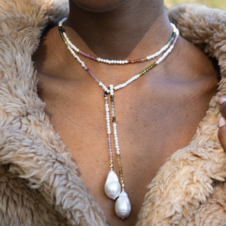 TOURMALINE AND PEARL LARIAT NECKLACE