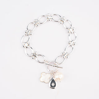 OVAL LINKED BRACELET WITH PEARL - SILVER
